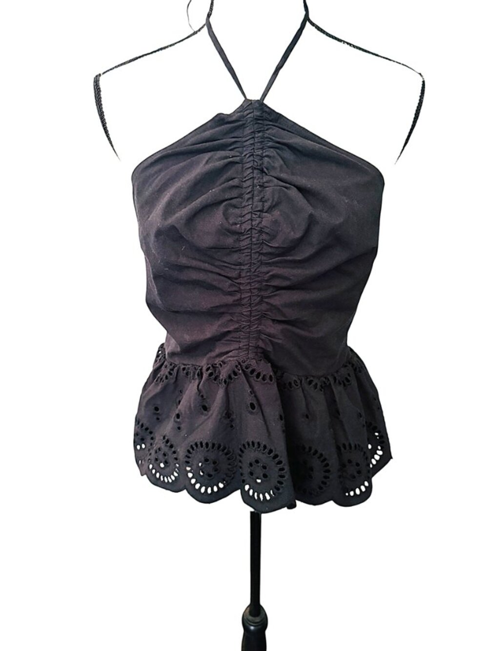INC Black Halter Top Ruched Eyelet Peplum Size Large NWT